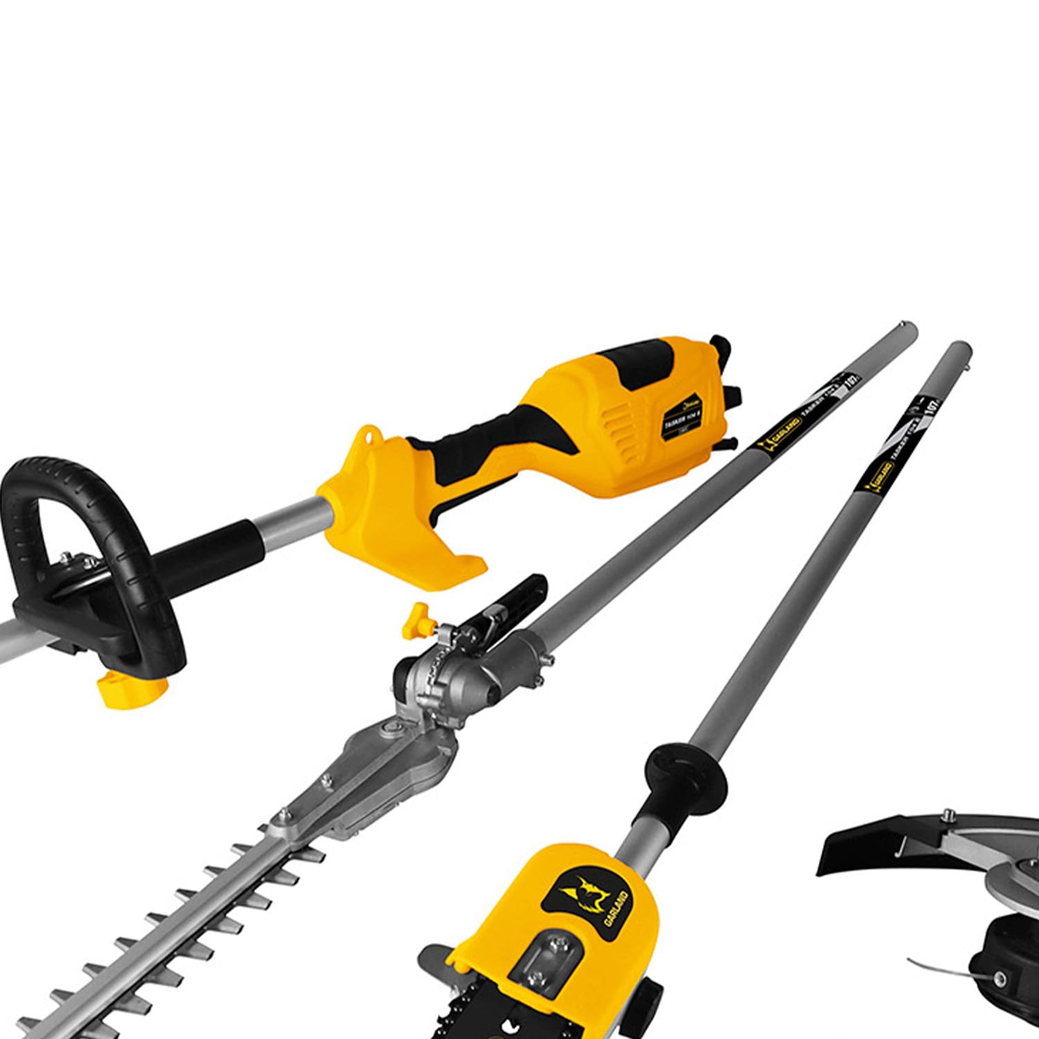 GARLAND DESBROZADORA ELÉCTRICA MULTIFUNCIÓN 1000W Tasker 104 E-V25 | 4 EN 1 con Cortasetos, Sierra DE PÉRTIGA, Disco E Hilo | Ligera Y Potente para JARDINERÍA DOMÉSTICA