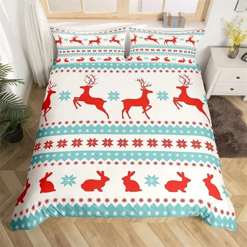 Parure de lit 260x240 Noël avec taies d'oreiller et couvre-lit bleu blanc
