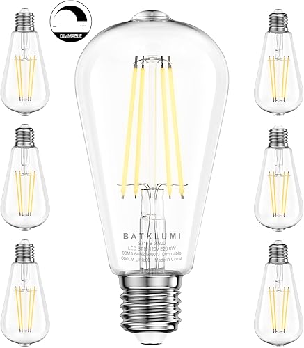Miniatura 1 de Batklumi Bombillas LED Edison regulables 8 W, equivalente a 60 W, 2700 K, blanco cálido con 80+ CRI E26 Edison bombillas de filamento vintage