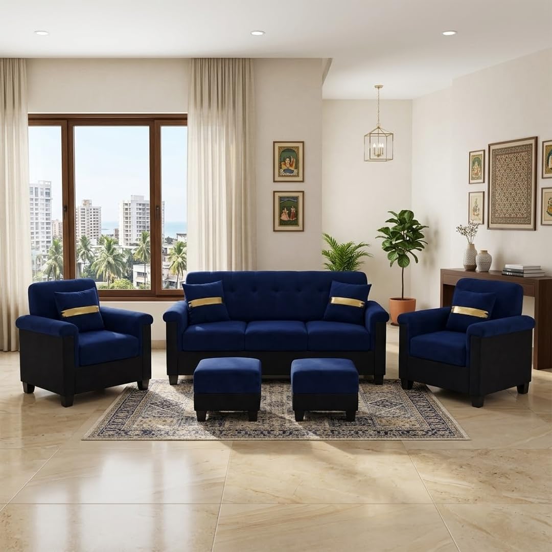 FURNY Woodswave 5 Seater Sofa Set with Velvet Fabric, 3+1+1+2 Puffy Sofa Set for Living Room (Blue-Black) | Durable & Comfortable | Ideal for Living Room