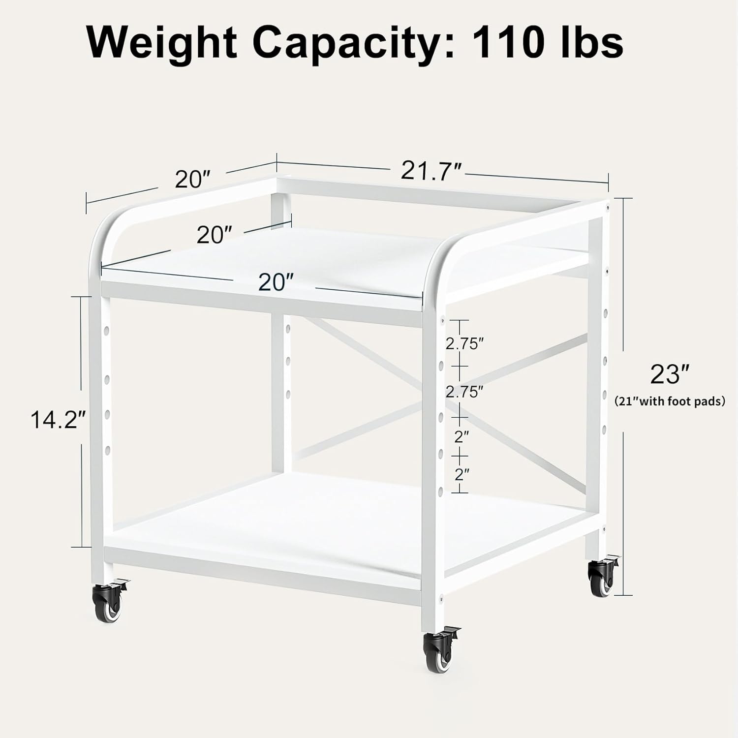 20 Inches Large White Printer Stand, 2-Tier Under Desk Printer Table with Height Adjustable Shelf, Rolling Printer Cart with Industrial Wheels for Home Office (White)
