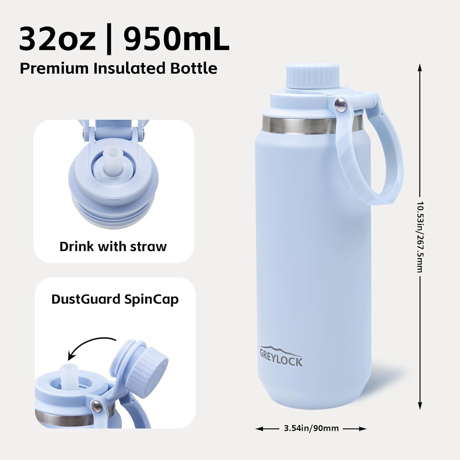 GREYLOCK 32 oz Insulated Water Bottle with Straw Lid, Leakproof Reusable Stainless Steel Vacuum Flask, 24hr Cold & Hot, Carry Handle & Silicone Spout, BPA-Free for Gym, Hiking, Travel,Blue - Image 8