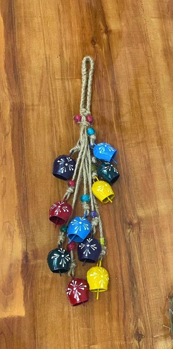 Bellshub Metal Multicoloured Bells Handicrafts for Hanging Tinkling Home/Garden/Office & Outdoor Decor String of 10 Bells on Jute Rope