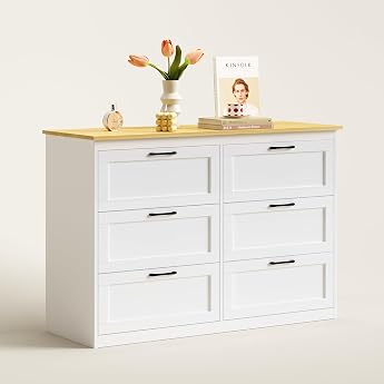 ROCSUMOO Chest of Drawers with 6 Drawers for Bedroom White Wooden Chest of Drawers with Wide Metal Handle High Side Storage Cabinet and Anti-tilt Device 110 W x 40 D x 75 H cm