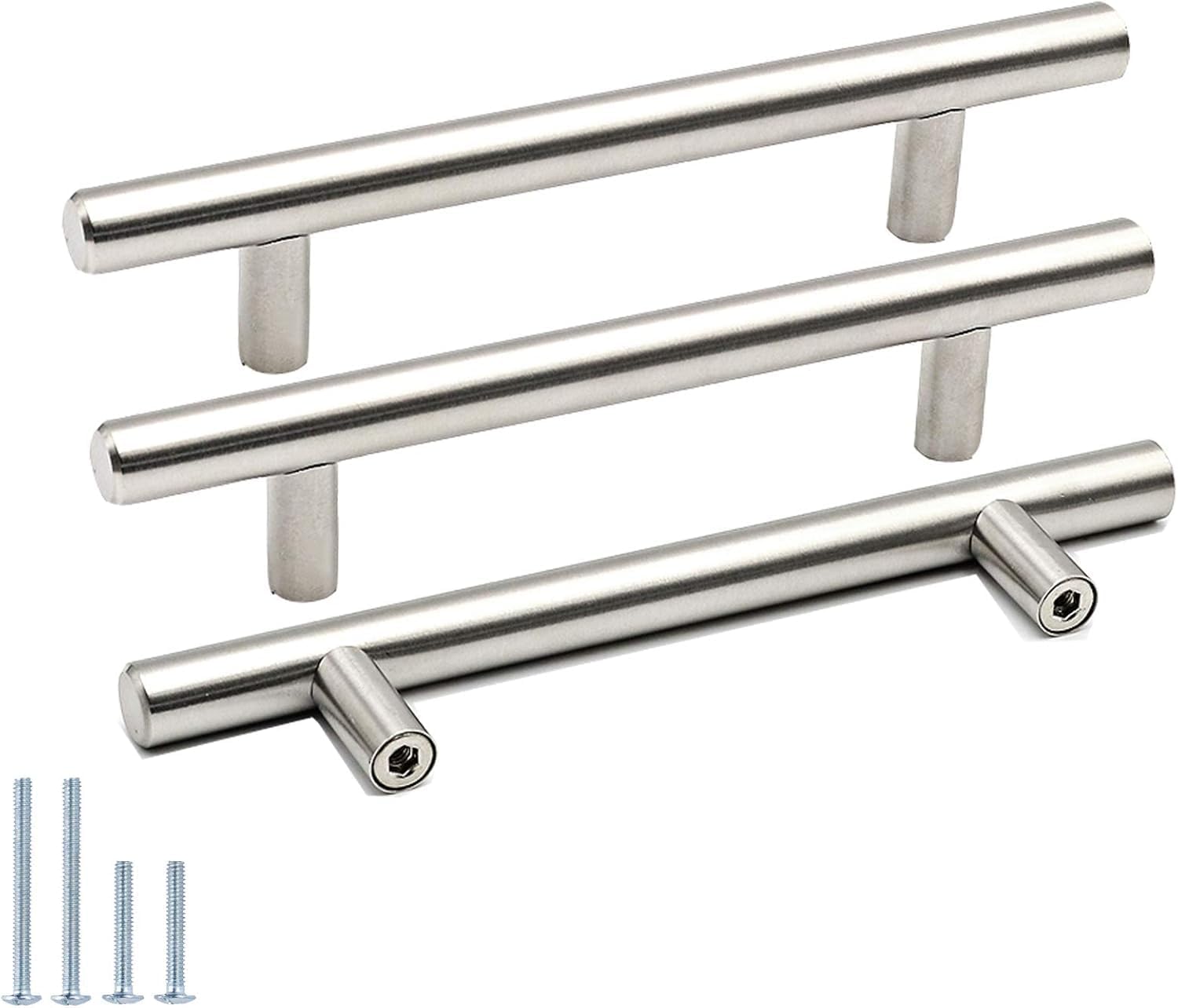Goldenwarm 4 Pack Brushed Nickel Kitchen Cupboard Handles 128mm Hole Center Silver Drawer Handles, Round T Bar Cabinet Pulls Stainless Steel Drawer Pulls