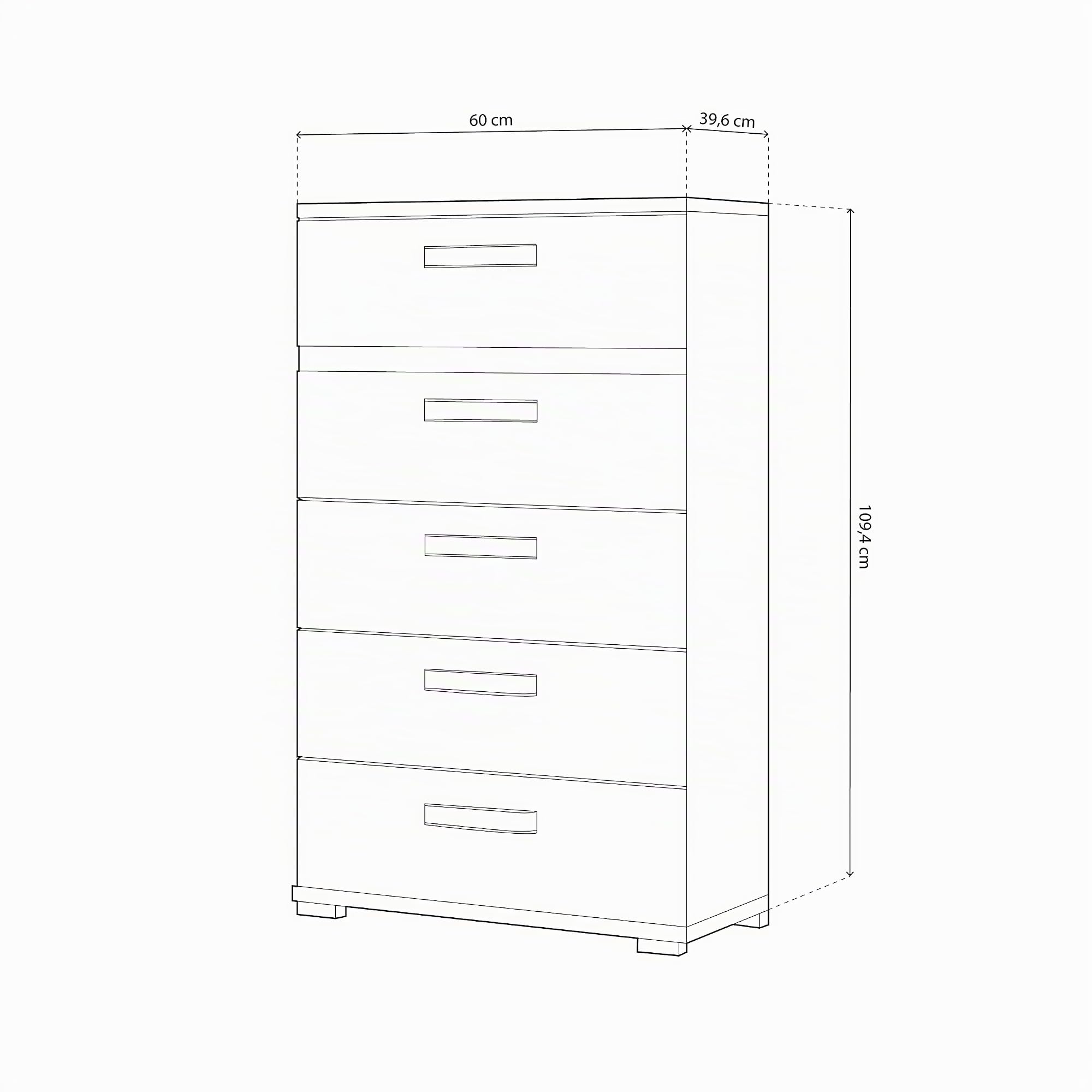 duehome | Sinfonier 5 Cajones, Cómoda, Almacenaje Dormitorio, Modelo Ataneq, Acabado en Cambria y Grafito, Medidas: 60 cm (Largo) x 109,4 cm (Alto) x 39,6 cm de (Fondo)