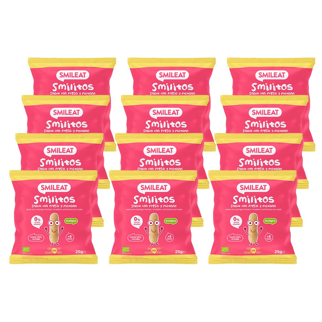 Smileat Bolsas de Snacks Ecológicos de Maíz Fresa y Plátano Pack 12 x 25g