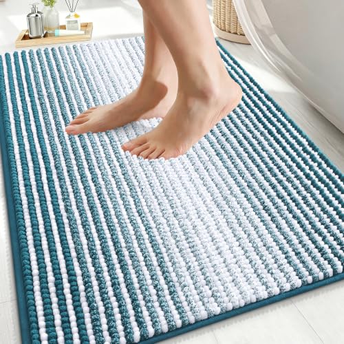 OLANLY Bathroom Rugs 36x24, Soft Chenille Striped Bath Rugs, Peacock Blue by OLANLY - Used condition - US$30.78