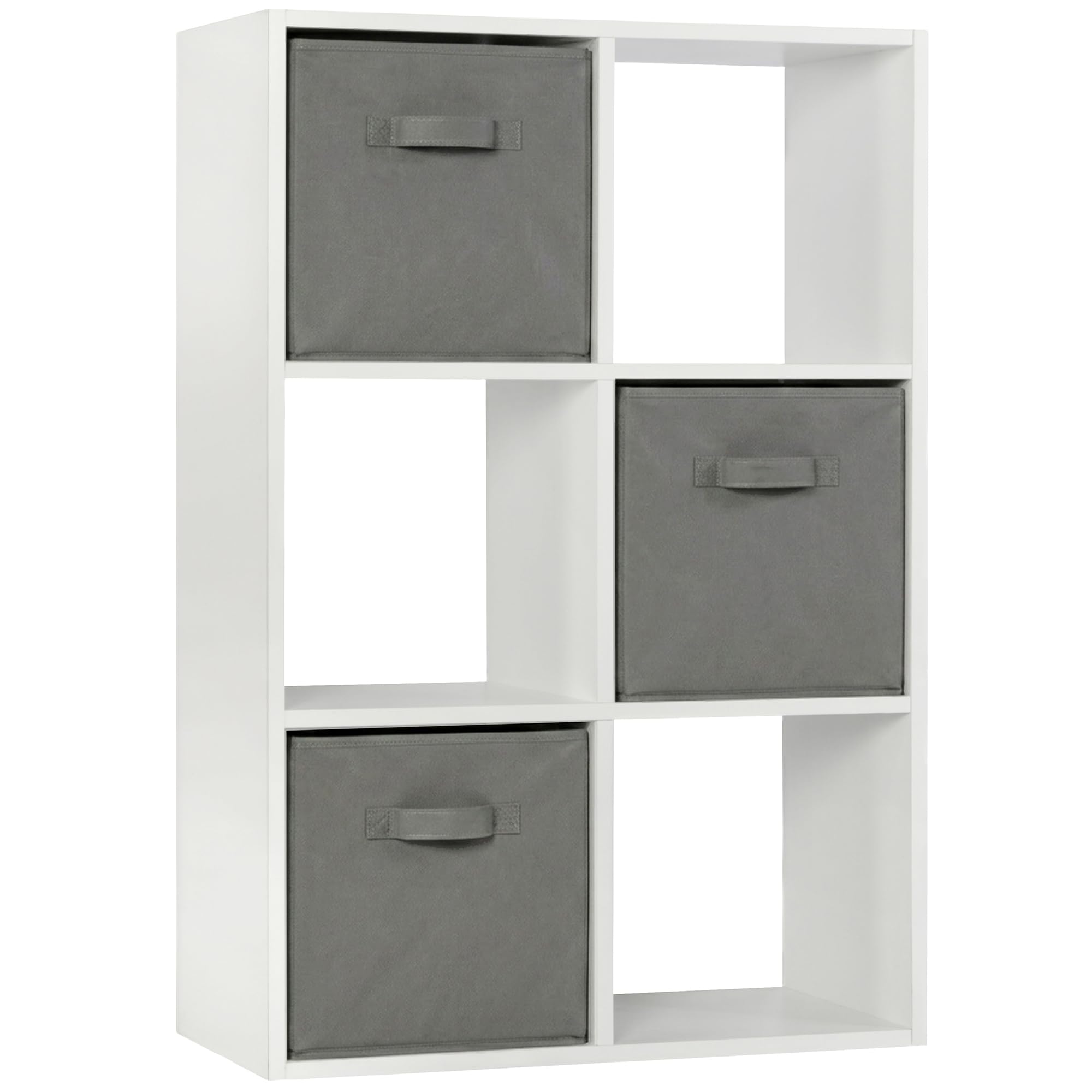 Charles Jacobs Modern White 6 Cube Storage Shelving Unit + 3 Grey Fabric Drawers