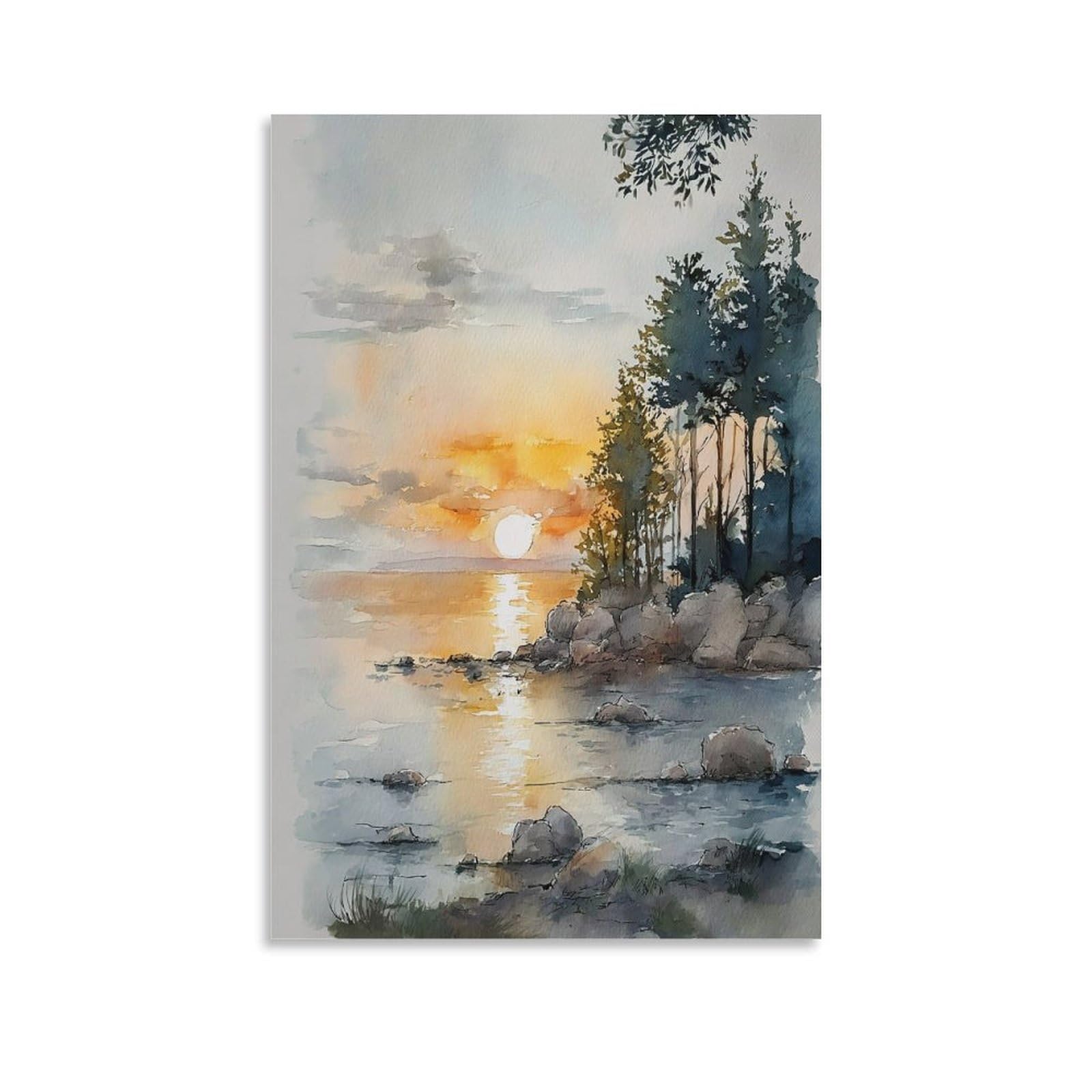 XWYMXZ Lake Erie Sunset Watercolor Painting Poster 24x36inch(60x90cm) Vintage Watercolor Canvas Art