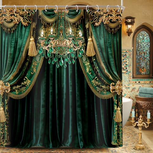 Riyidecor Emerald Green Printed Shower Curtain (No Velvet) Vintage Luxury Elegant European Gold Women 72Wx72H Inch Modern Retro Lamp Simple Fabric Decor Bathroom Polyester Waterproof 12 Pack Hooks