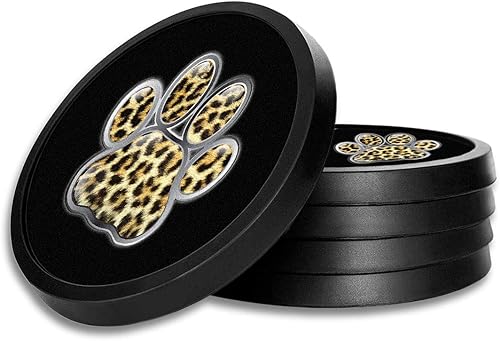 Posavasos de silicona antideslizantes con almohadilla de fieltro absorbente impresa extraíble, juego de 4 unidades, diseño de pata de leopardo