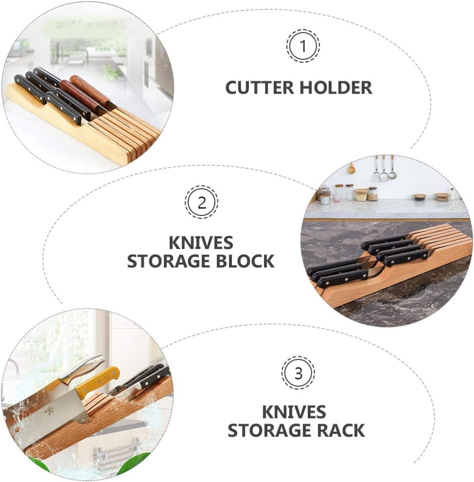 Hemoton Beech Wood Knife Holder Drawer Insert Compact Knife Organizer for Kitchen Storage and Space Saving