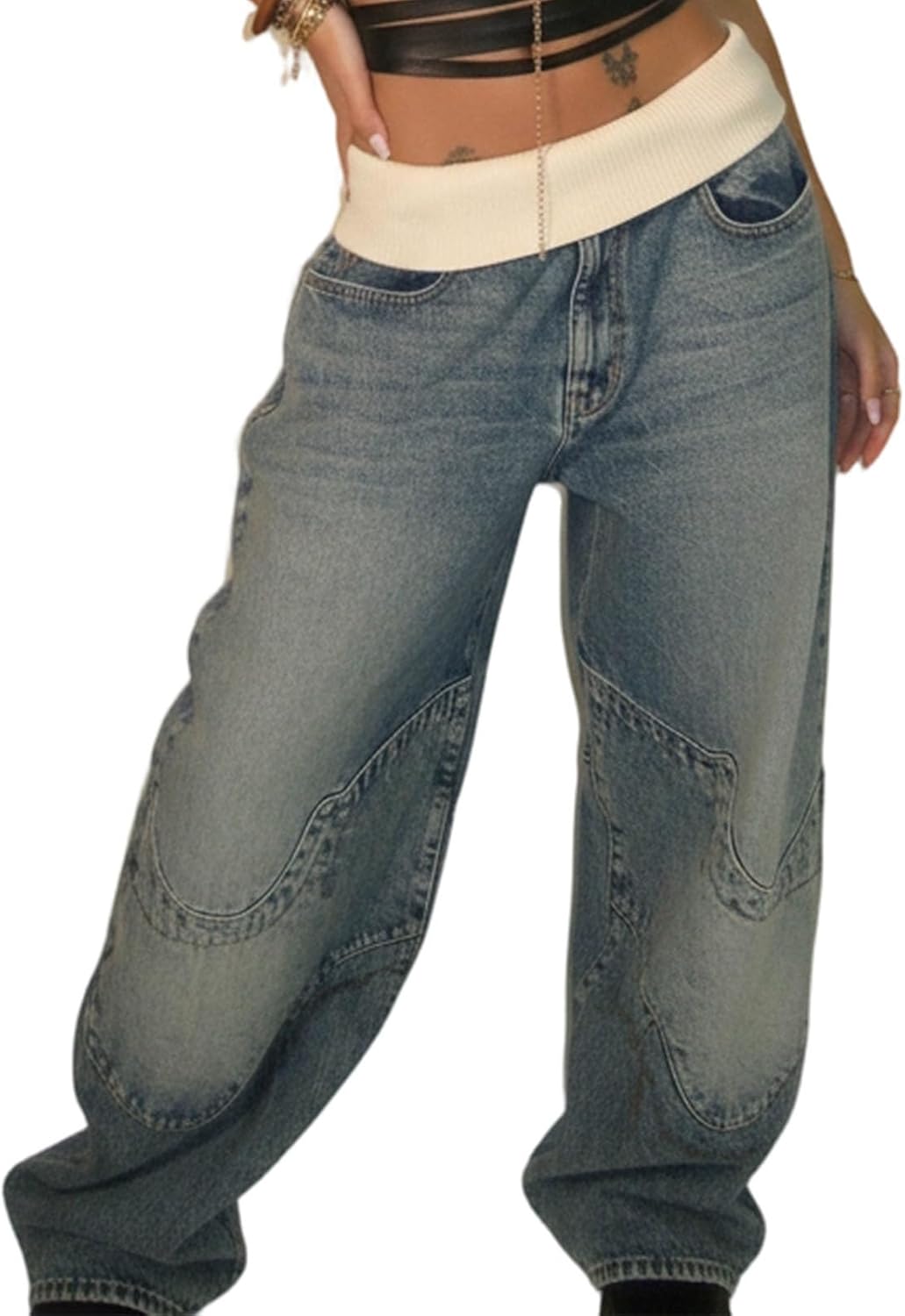Fold Over Baggy Jeans Low Rise Wide Leg Pants Fashion Fold Over Jeans Loose Vintage Denim Pants Streetwear Daily - Image 2