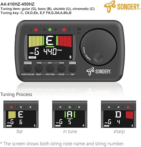 Miniatura 4 de Sondery Sintonizador de metrónomo digital 3 en 1 para todos los instrumentos, metrónomo recargable con Tap Tempo, afinador cromático generador de