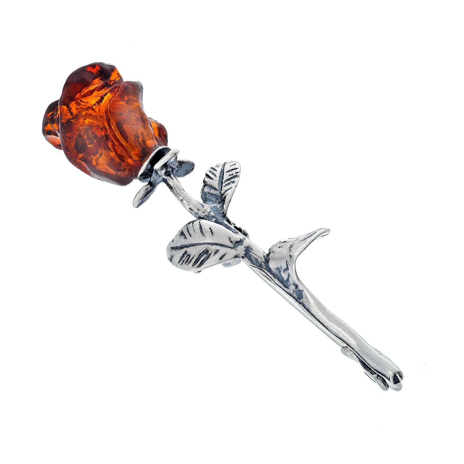 Broche para mujer, plata 925 oxidada, ámbar roslein tallado a mano, pequeño broche de plata con rosa ámbar en color coñac 2g, Plata esterlina, Ámbar
