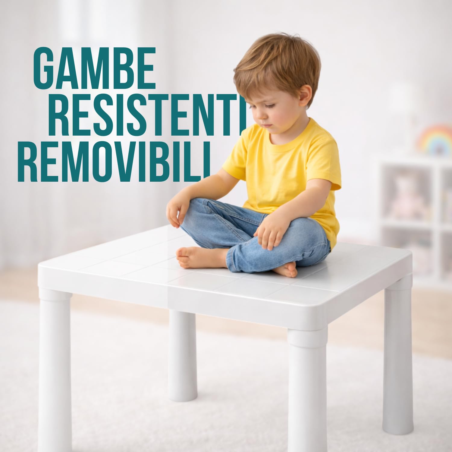 PALUPLUS Tavolino Quadrato Bianco in Plastica Rigida, Misura 50x50x47,5 cm, Tavolo da Gioco Basso, Gambe Removibili, Tavolino da Campeggio, Terrazzo, per Esterno ed Interno -9948C