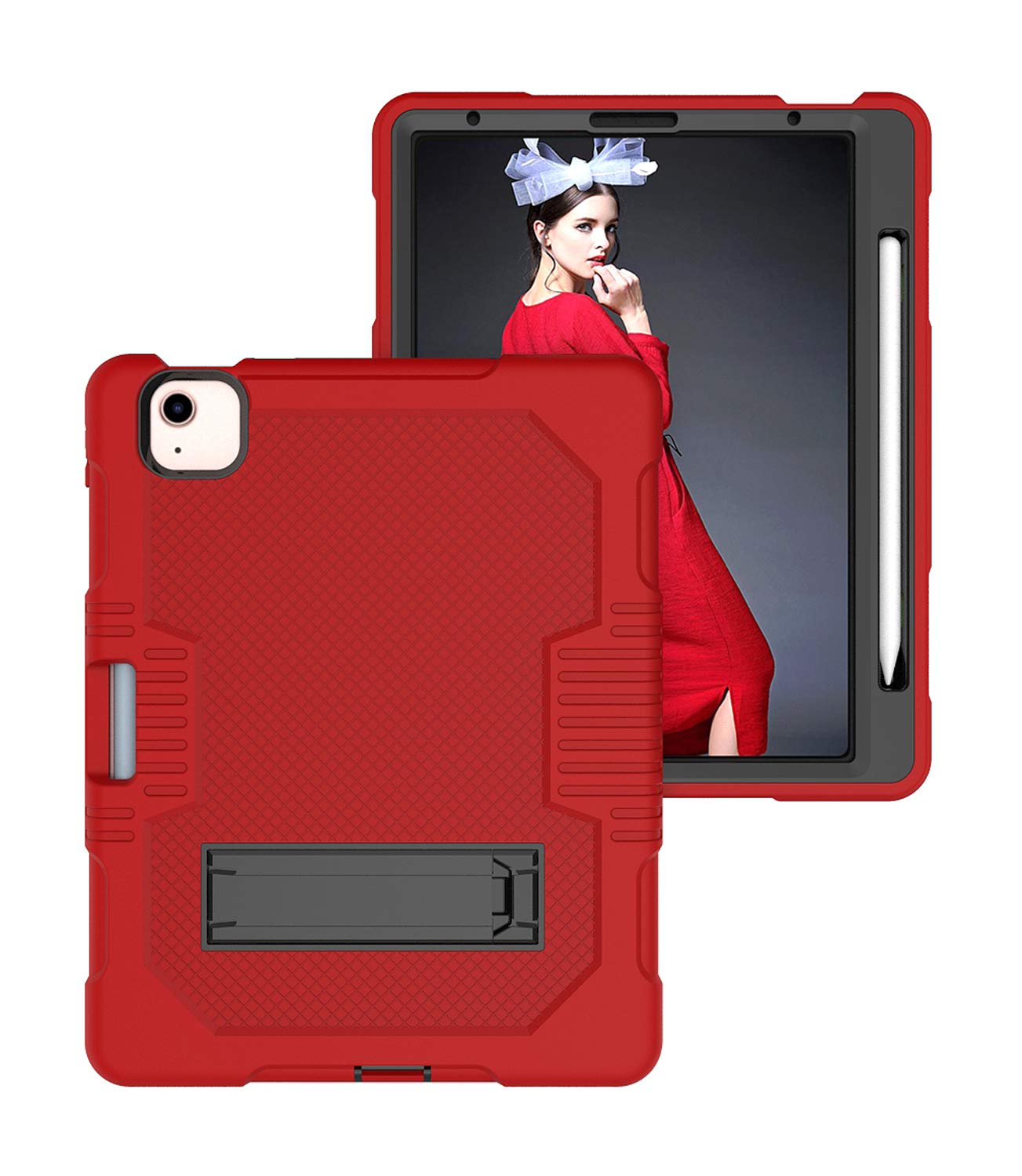 Case for iPad Air 4 2020,built with rigid three-layer support and Pencil Holder Shockproof Rugged Protective for iPad Air 4th Generation 2020,red+black