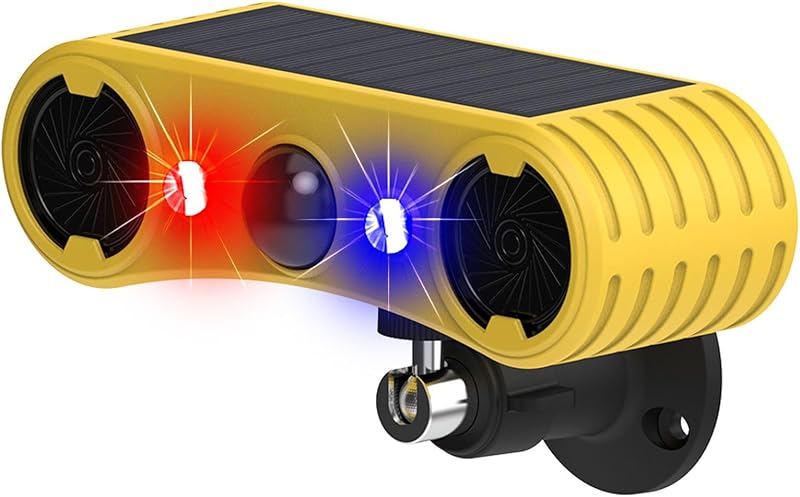 HULPPRE Alarma solar con sensor de movimiento para exteriores, 13 sonidos, generador de ruido fuerte | Incluyendo ladridos de perros y disparos, 4 modos, luz estroboscópica activada por movimiento rojo y azul, diga adiós a los intrusos