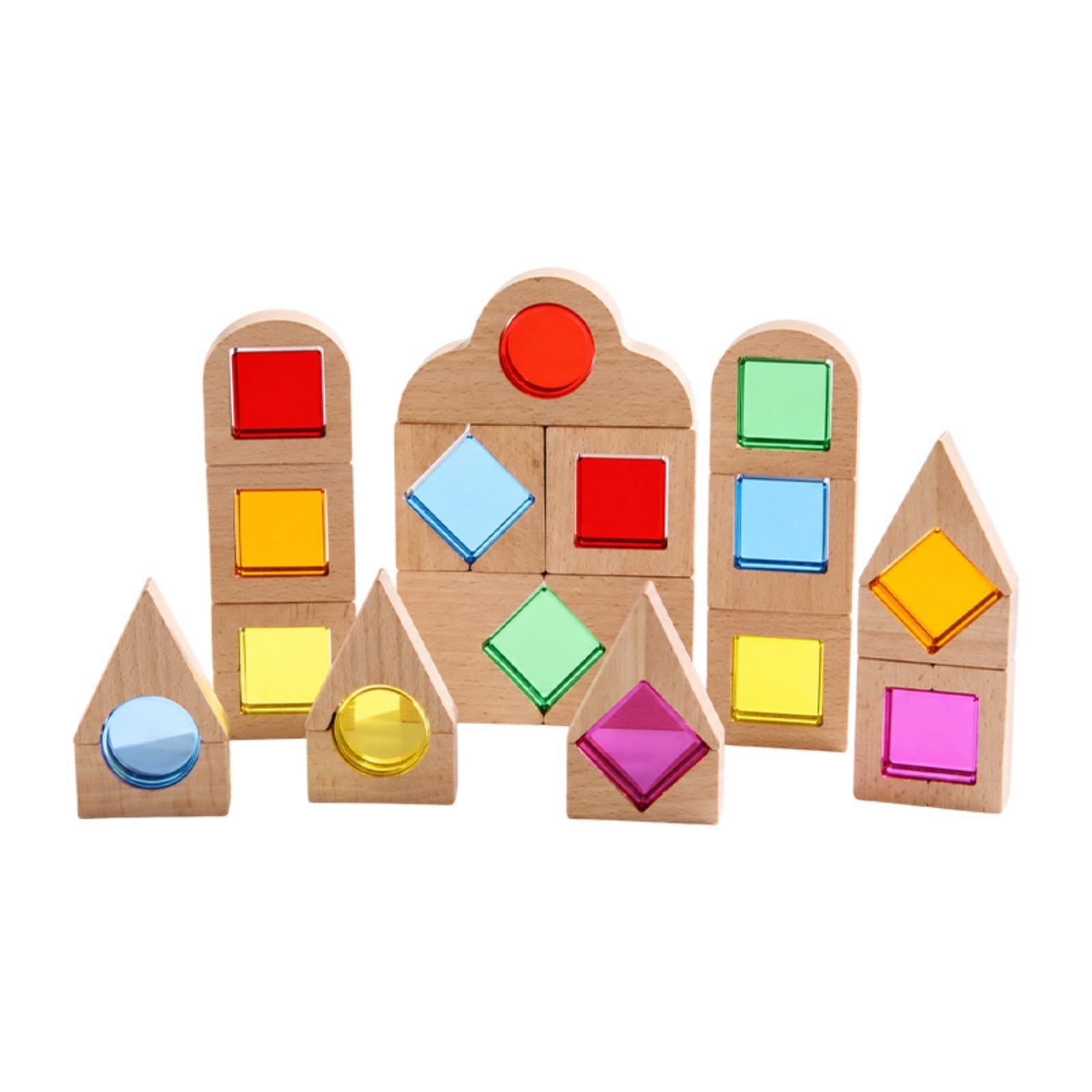 40 Pezzi Blocchi di Costruzione in Legno e Acrilico Educativi Gioco di Costruzioni con Inserti Acrilici Creativo Blocchi Legno Traslucidi per Casa