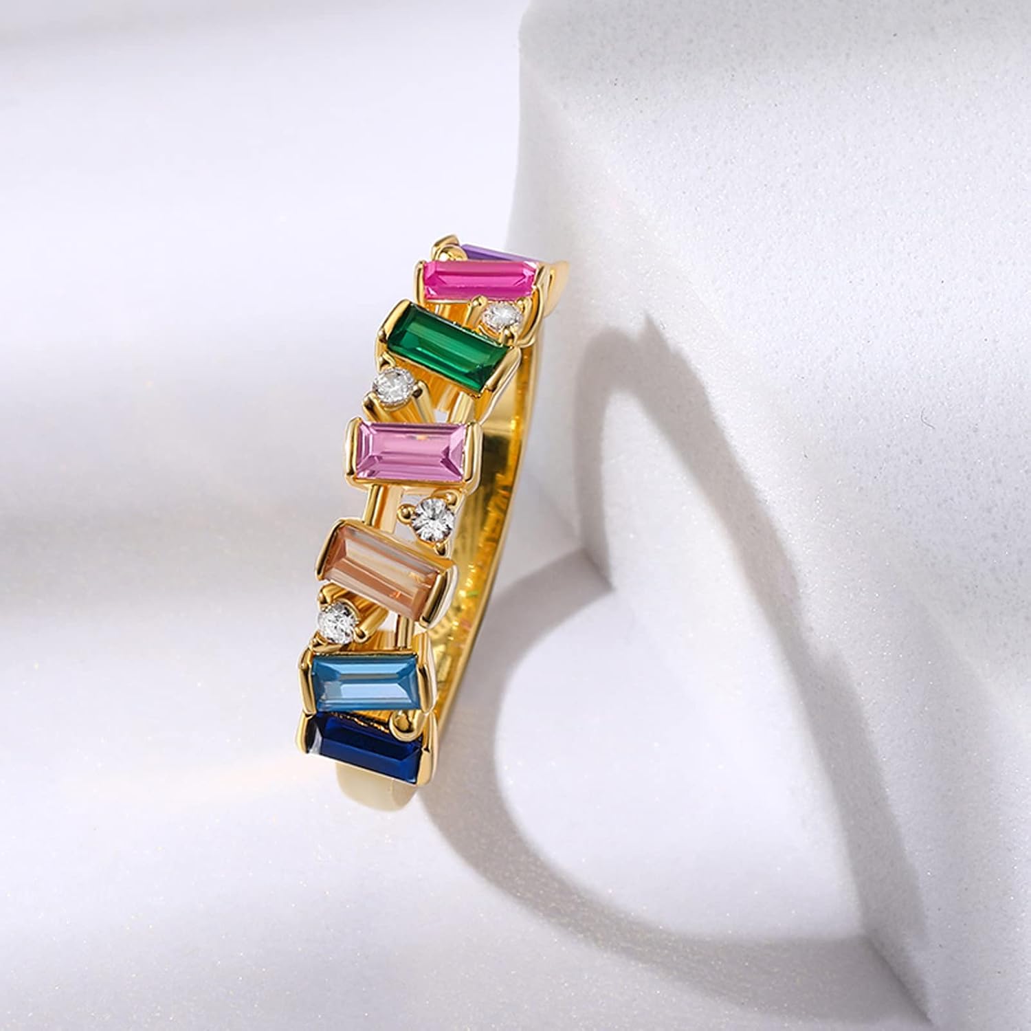 Jeulia Gemstone Eternity Ring Sterling Silver Multi-Colored Bands Emerald Cut Anniversary Wedding Jewelry For Women Cubic Zirconia Rainbow Engagement Birthstone Promise Band with Gift Box