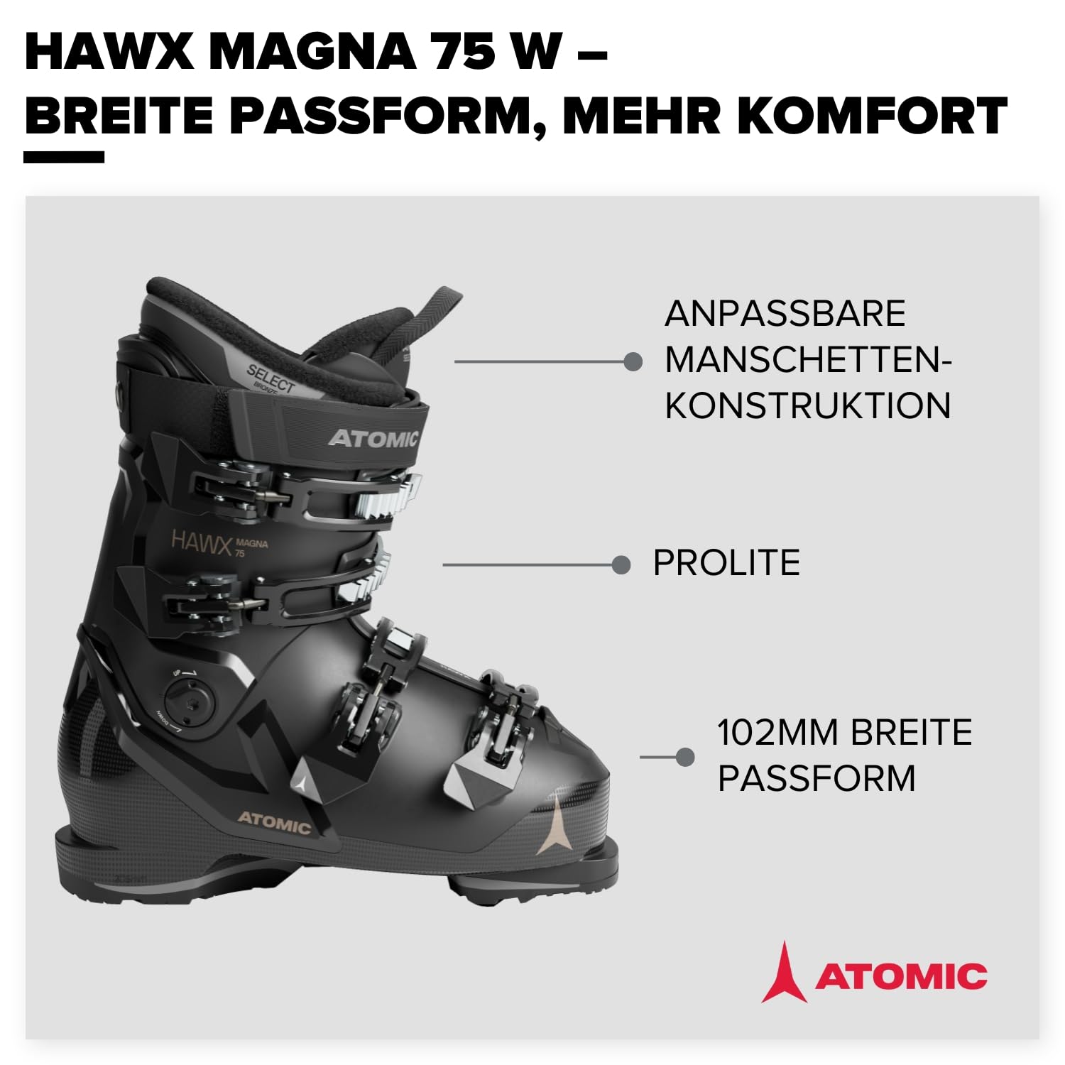 ATOMIC HAWX MAGNA 75 W Skischuhe - Breite Ski-Boots mit 102 mm Passform & 75er-Flex - Hochwertige Ski-Schuhe mit Prolite-Konstruktion
