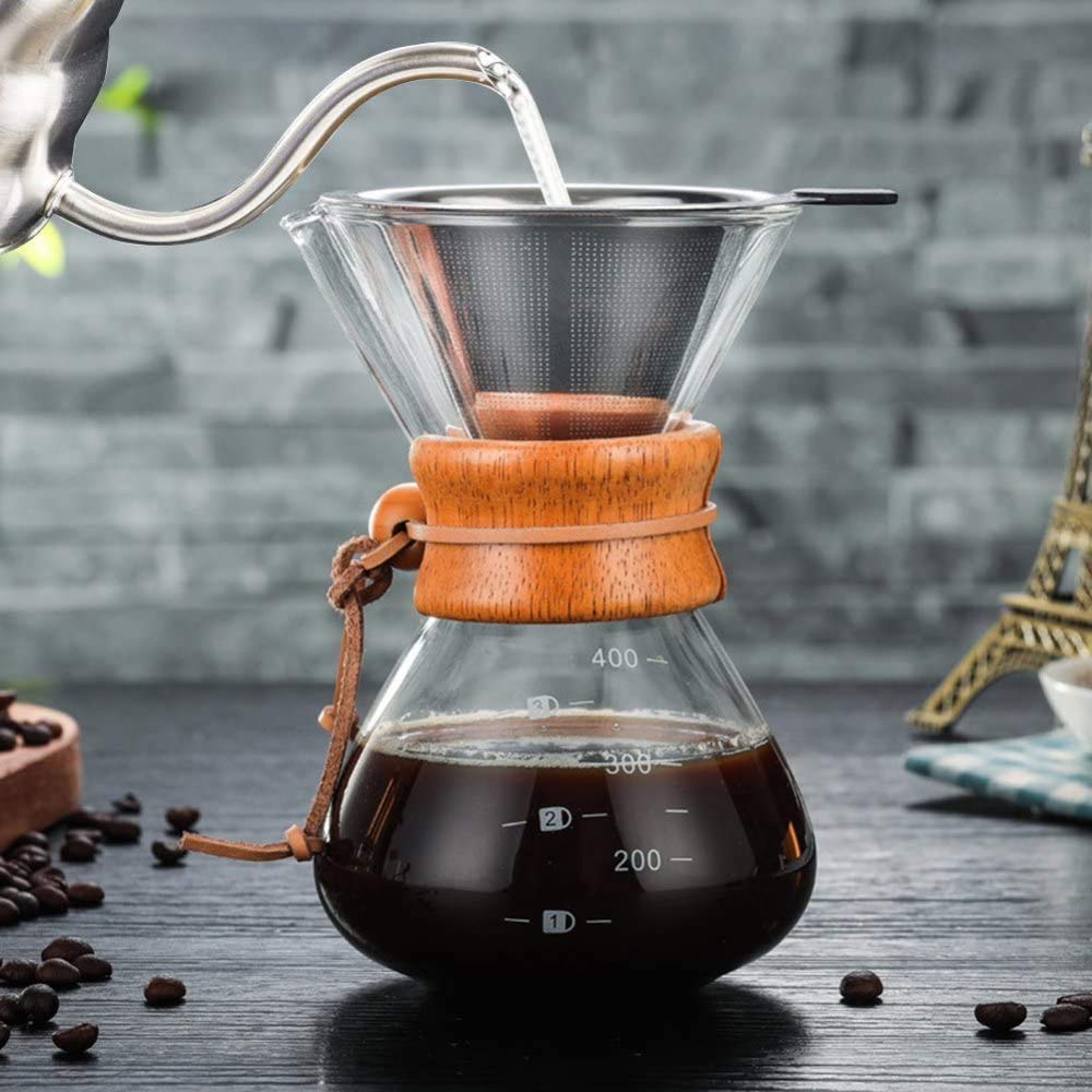 Pour Over Coffee Maker - Cafetera Clásica De Goteo Manual para Filtro De Papel - Taza De Café De Vidrio De Borosilicato De 400 Ml
