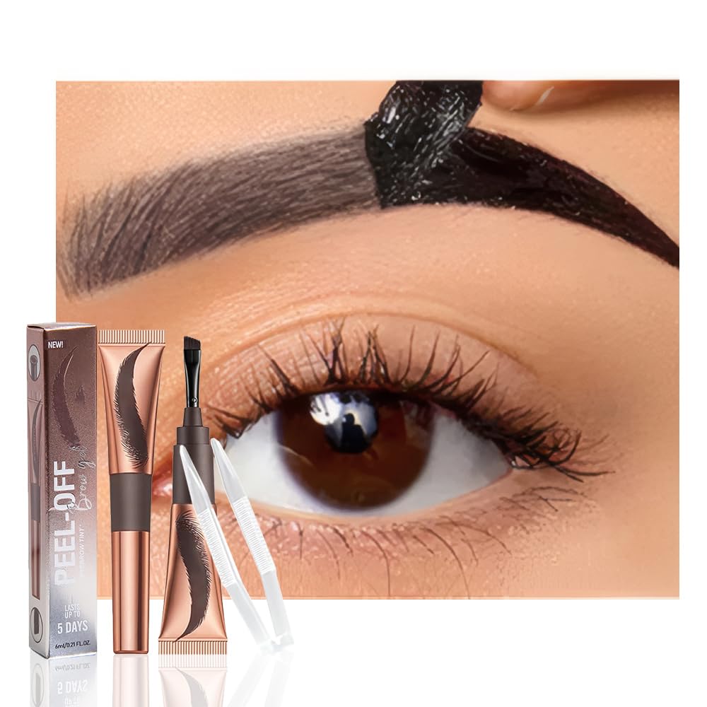 FeiCuiYun 2Pcs Eyebrow Tattoo Peel Off Tint Gel for Women, Grey Peel Off Eyebrow Tint with 150°Small Curved Tray with Tweezer, Last Up to 5 Days, Waterproof, Fuller & Defined Looking Brows (Grey) 05#Grey 2Pcs
