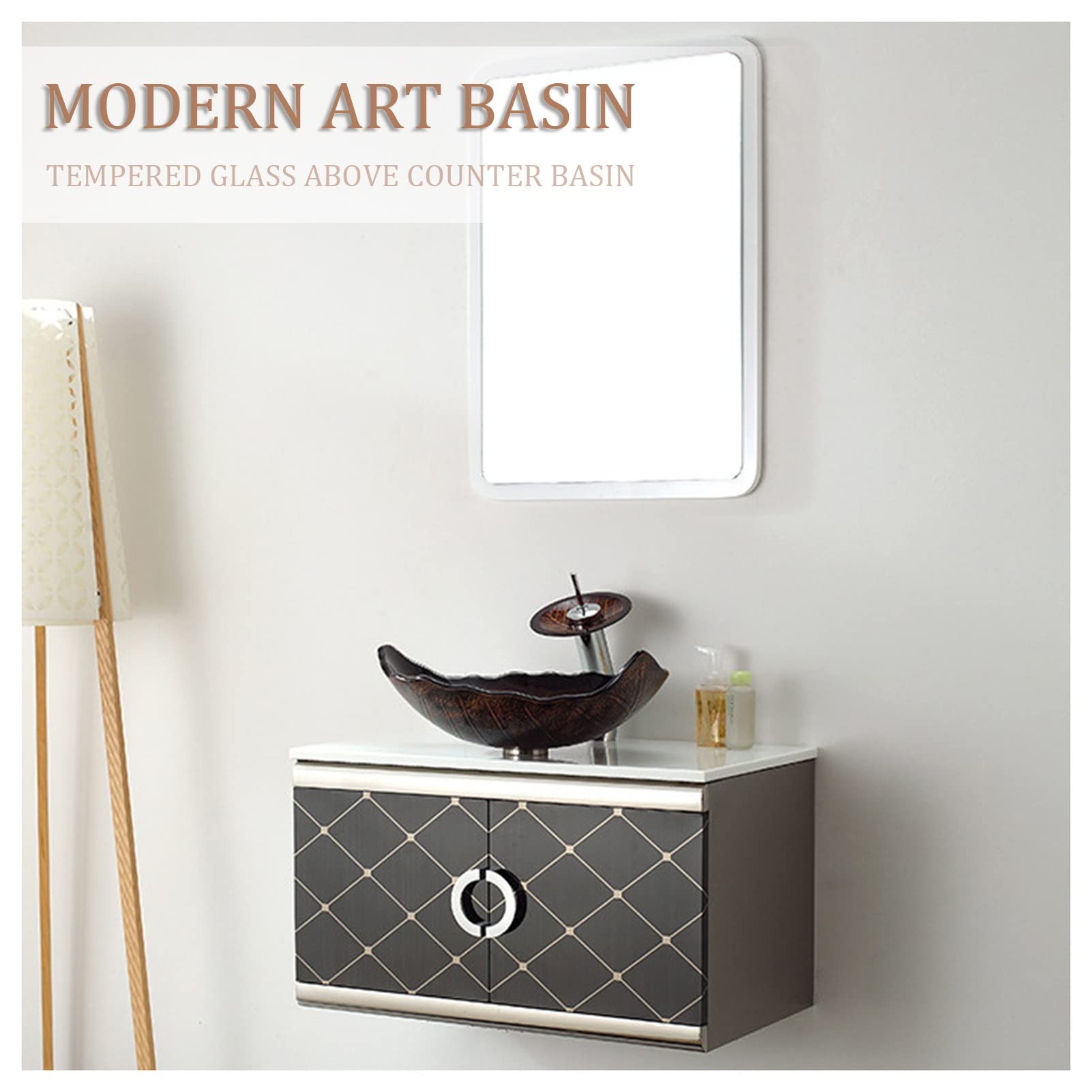 Lavandino in Vetro temperato Artistico con Rubinetto Cromato a Cascata Combinato e lavandino Pop-up con Scarico per lavabo (Colore: A, Dimensioni: 55x35x17,5 cm)