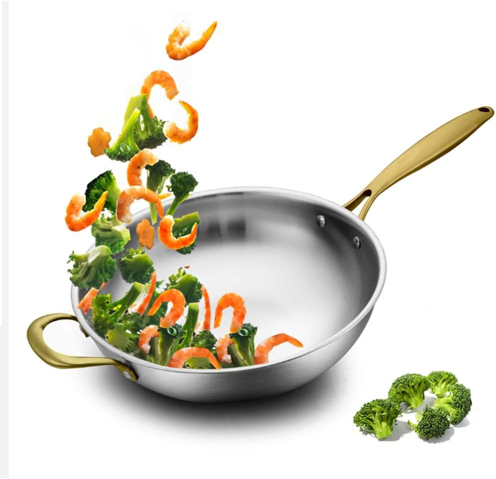 Wok Non-Stick 304 Stainless Steel Household No Coating Less Fume Multi-Function Induction Cooker Gas for Cooking Frying Pan (Size : 34cm)