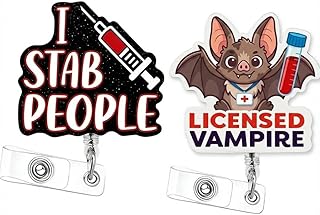 2Pcs Phlebotomy Badge Reel, Cute Badge Reel Licensed Vampire and I Stab People, Phlebotomist Accessories with Retractable Badge Holder Clip, Nurse Hospital Phlebotomist Essentials Phlebotomy Gifts