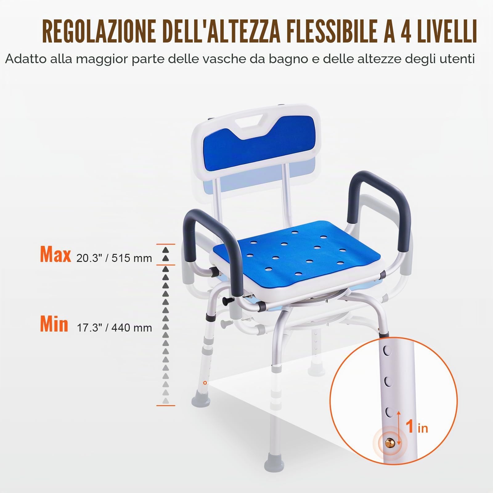 VEVOR Sedia da Doccia Girevole a 360 Gradi, Regolabile, Antiscivolo, per Vasca da Bagno, Capacità 180 kg, Blu+bianco