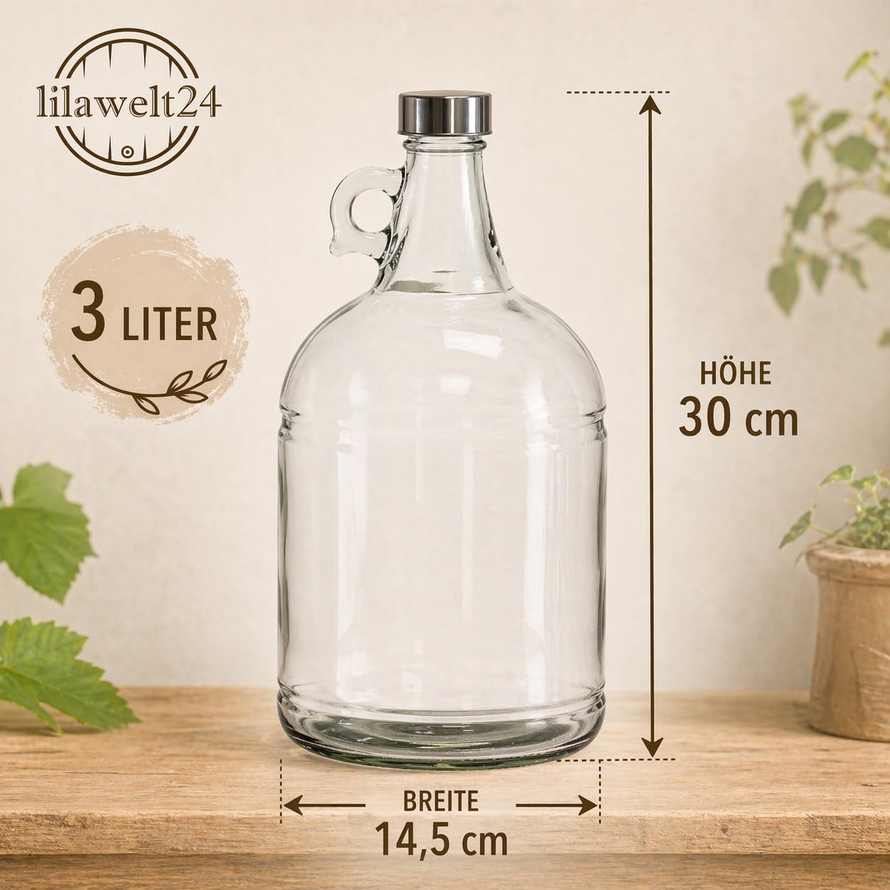 lilawelt24 6x 3L Glasflasche mit Rundgriff und Schraubverschluss für Saft, Likör, Wein, Öl, Essig und Met, dekorative Henkelflasche aus Klarglas 3000 ml (6x 3L Flasche)