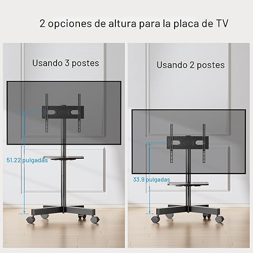 Miniatura 8 de PERLESMITH Soporte de TV móvil para televisores de pantalla LCD LED plana/curvada de 23 a 60 pulgadas, carrito de TV inclinable con capacidad para