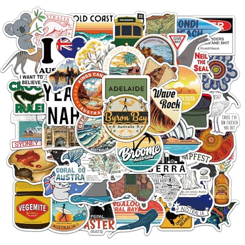 50PCS Australian Stickers, Australian Elements Kangaroo Koala Scenery Sign Stickers for Adults Teens, Vinyl Waterproof City Culture Decals for Skateboards, Computers, Phones, Laptops, Diaries