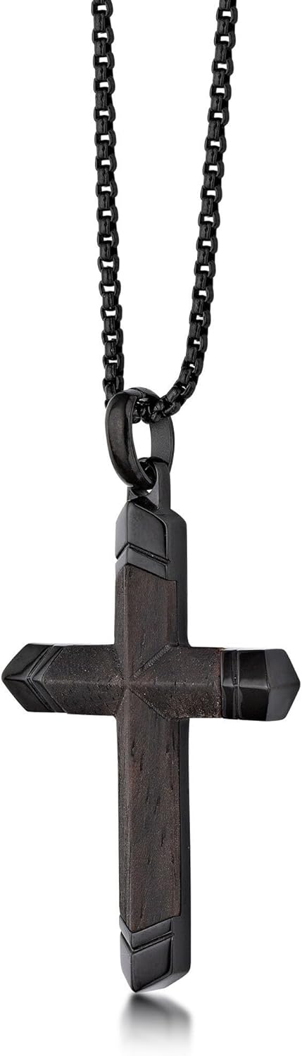 Metro Jewelry Cross Pendant Necklace for Men in Stainless Steel with Black Ion Plating 24 Inches Long Box Chain