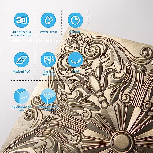 Image of Art3d Spanish Floral Drop Ceiling Tiles, 24 x 24 in, 12-Pack, Antique Gold