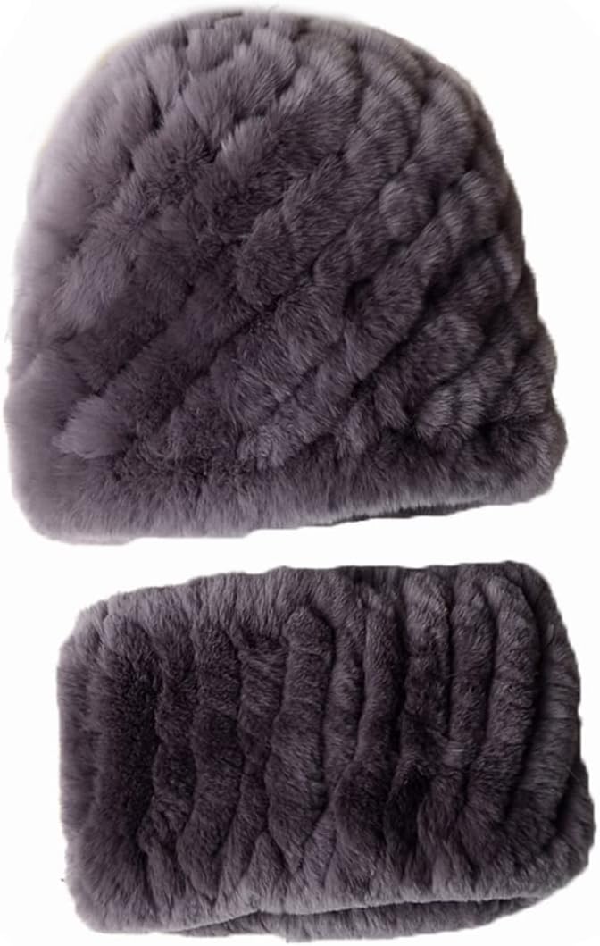 2PCs Hat + Circle Scarf Women Real Rex Rabbit Hair Knitted Cap Girls Skullies Beanies Neck Warmer Winter Warm