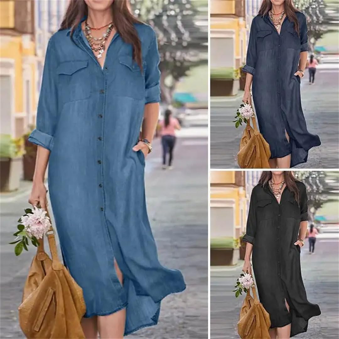 Vestido camisero de mezclilla de gran tamaño para mujer, vestido largo de manga larga para primavera y otoño
