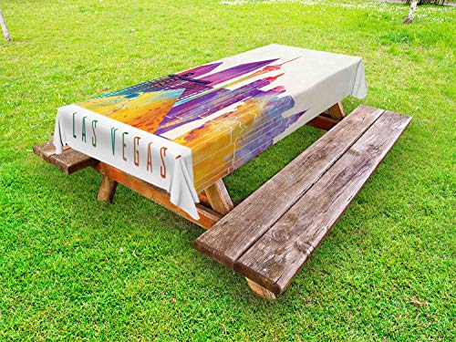 Ambesonne Las Vegas Outdoor Tablecloth Colorful Landmarks in Las Vegas Pyramid and of Liberty in Watercolors Decorative