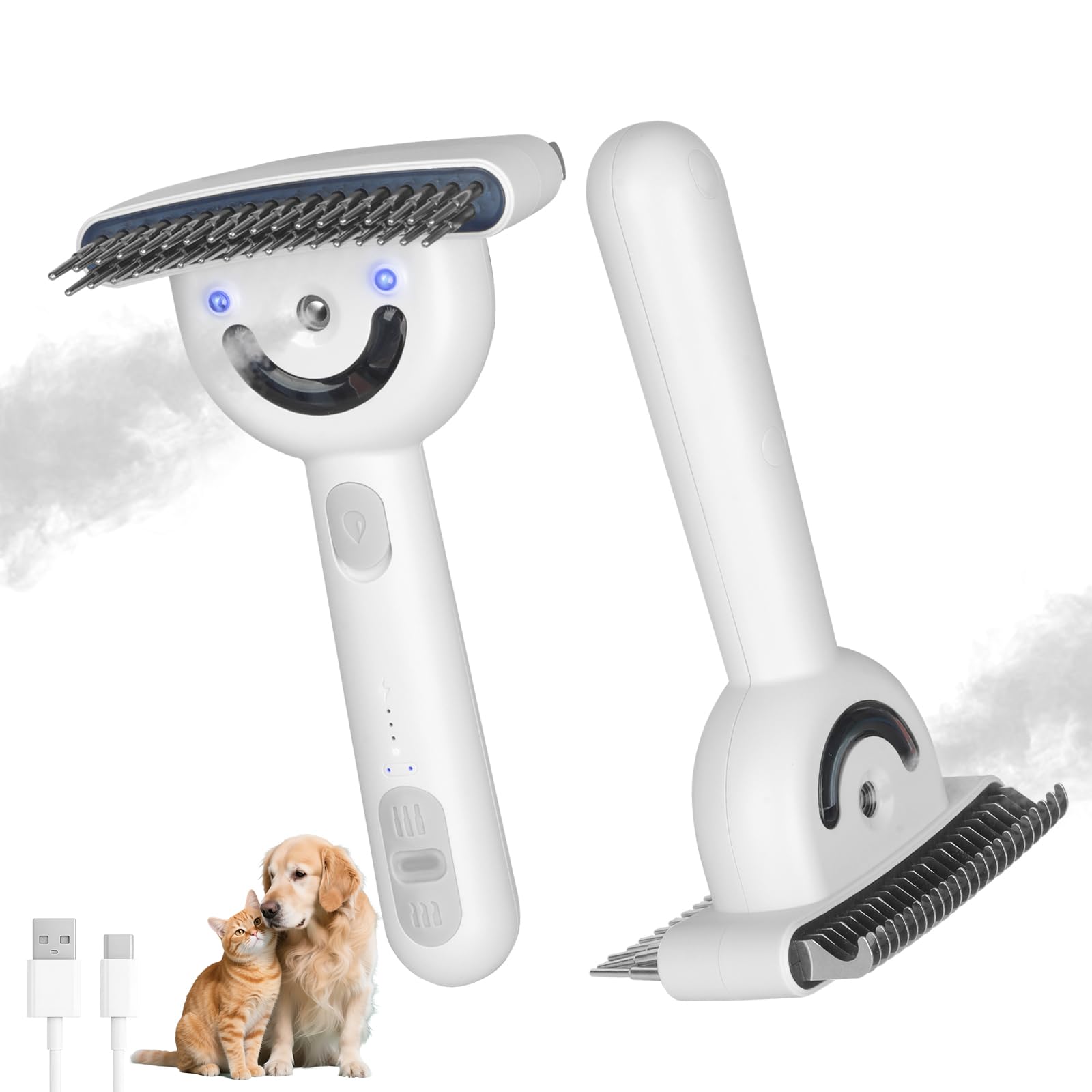 Cepillo Vapor Para Gatos & Perros, Recargable Cepillo Gato Vapor con Esterilización UV, Tanque Grande, Herramienta Desmudamiento Doble para Pelo Largo y Corto Gatos Perros Conejos