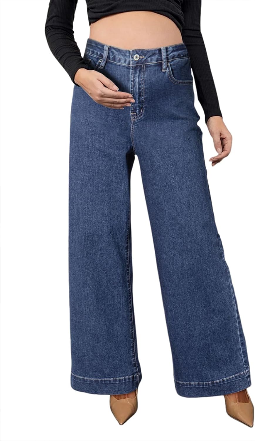 BLENCOT Women's Maternity Jeans Wide Leg Pregnancy Pants for Work | Trendy Flare Jeans Elastic Waist Patch Pockets, Weekend Lounge Shopping Casual, Adjustable Side Panel