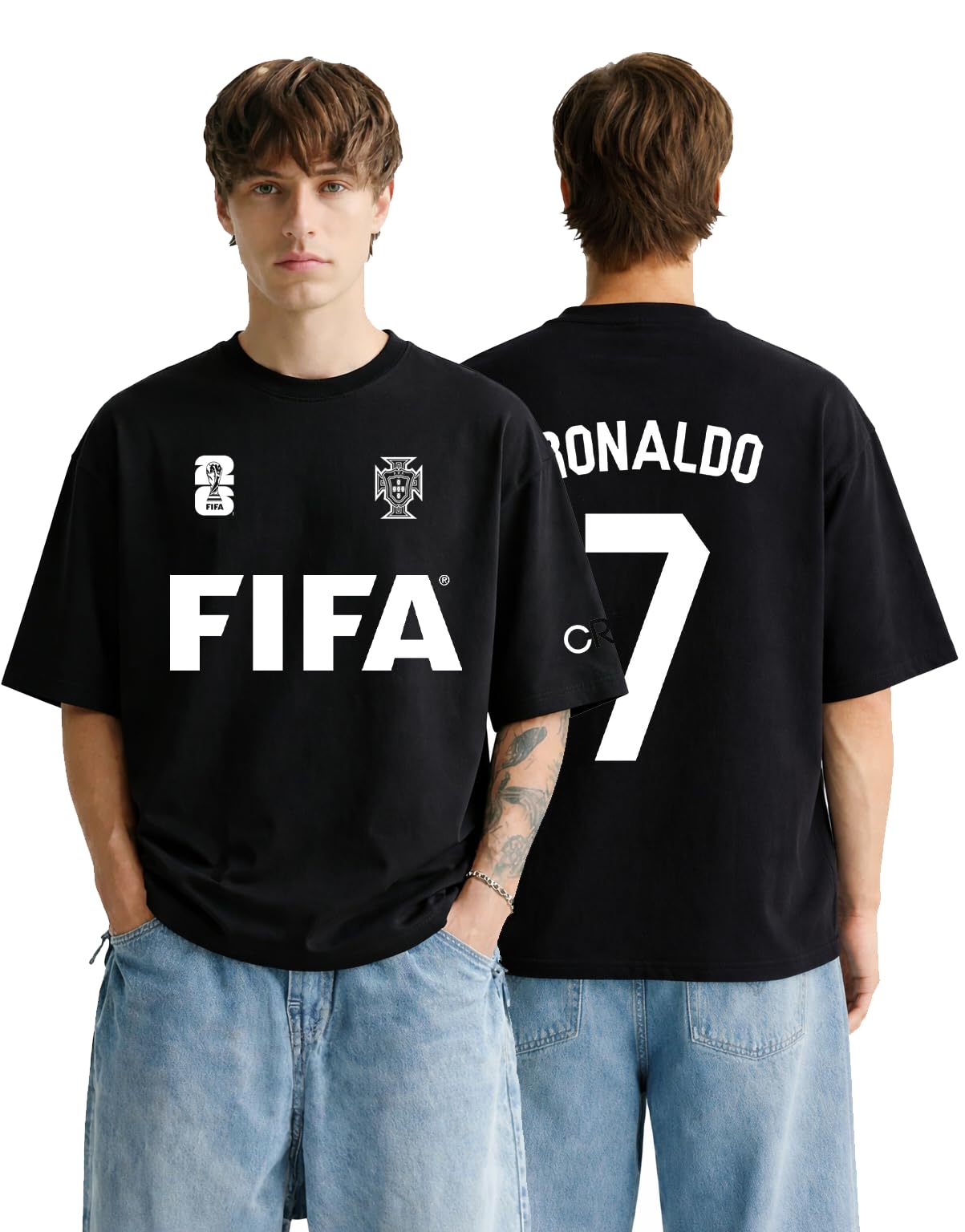 Darkbuck Cristiano Ronaldo No. 7 Portugal Oversized Black T-Shirt, Football Theme, Men's Graphic Tee-picture-21