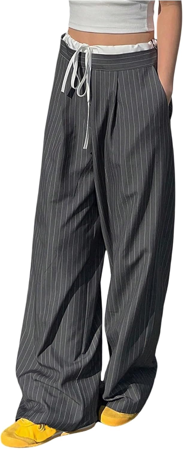 OYOANGLE Women's Striped Slacks Color Block Drawstring Waist Straight Leg Dress Pants Work Office Trousers