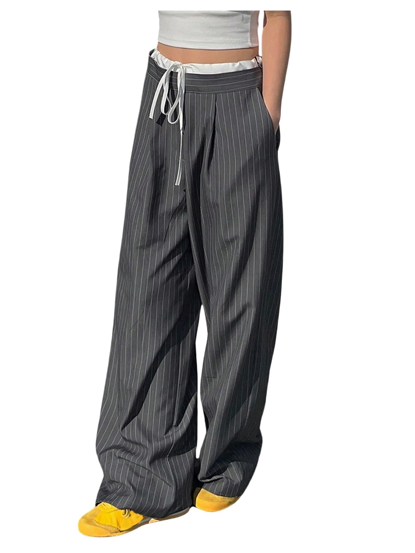 OYOANGLE Womens Striped Slacks Color Block Drawstring Waist Straight Leg Dress Pants Work Office Trousers