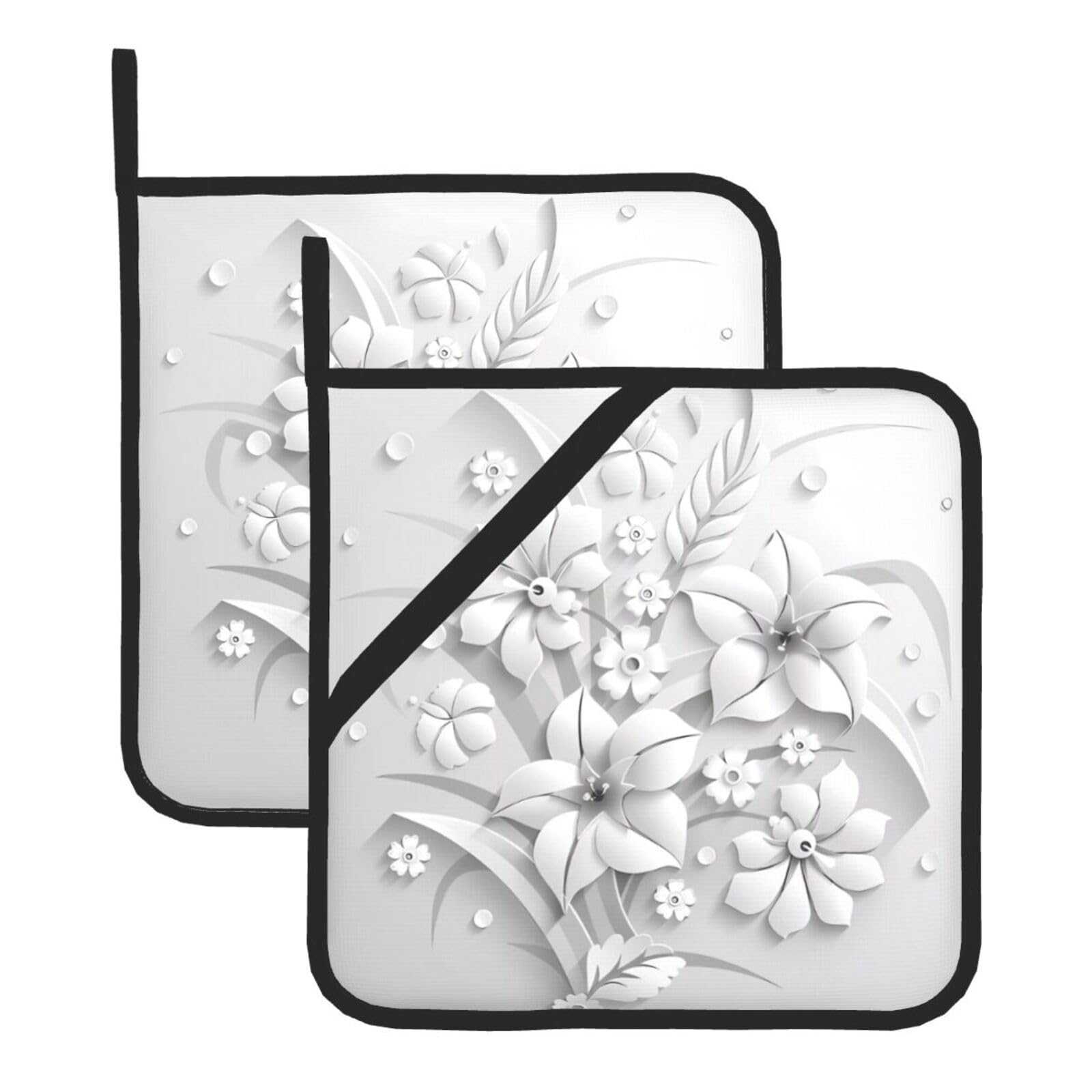 HJFCZH White Flower Prints Square Hot Pads for Kitchen - Waterproof Heat Resistant Potholders, Thick Trivet Covers with Hanging Loops, Oven & Grill Dish Protectors (2-Pack)