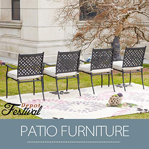 Festival Depot 4 Piece Outdoor Patio Furniture Outdoor Wrought Iron Dining Chairs Set For Porch Lawn Garden Balcony Pool Backyard With Arms And Cushions (4Pcs) (Beige) #TOP6