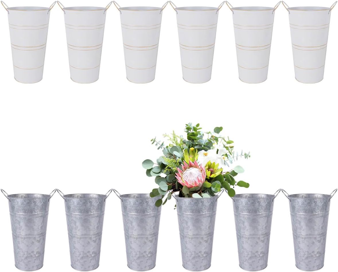 12 Inch Galvanized Metal Vases with Handles - 6 Pcs White and 6 Pcs Silver Farmhouse Decorative Metal Container for Flowers, Rustic Metal Bucket Planters for Wedding Decor