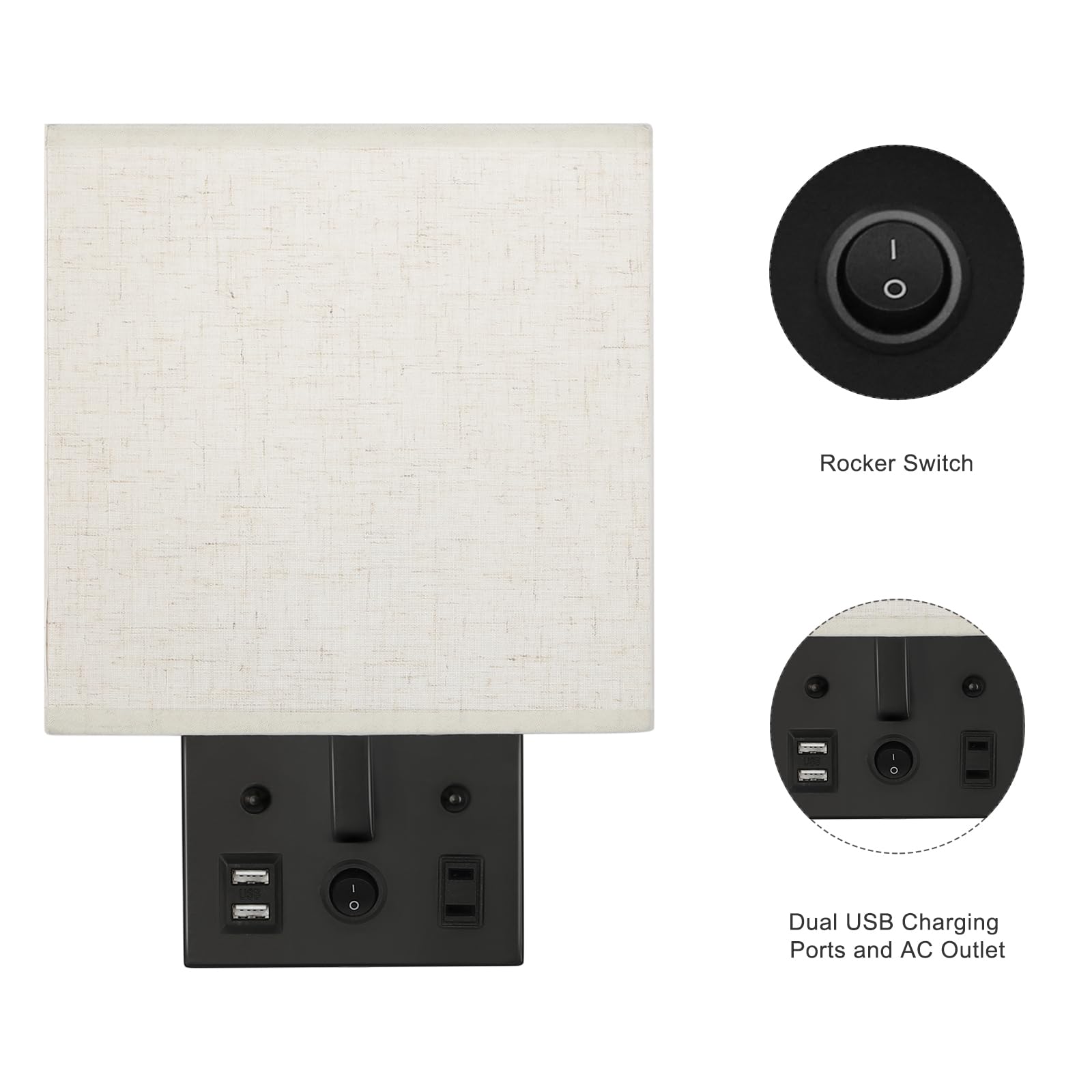 Juego de 2 lámparas de pared de noche, modernos apliques de pared con cable enchufable, lámparas de pared con doble salida USB y CA, lámparas de pared negras para dormitorio, sala de estar (2 4