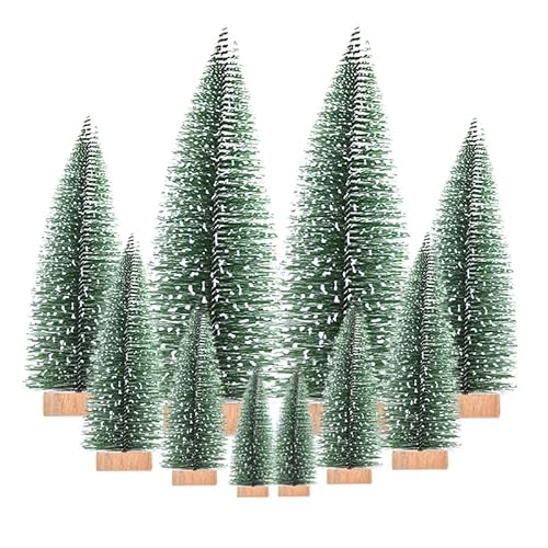 Yahpetes Miniature Christmas Tree 10 Pcs Pine Trees Sisal Trees Snow Frost Ornaments with Wooden Bases for Miniature Scenes, Christmas Crafting and Designing, 5 Size